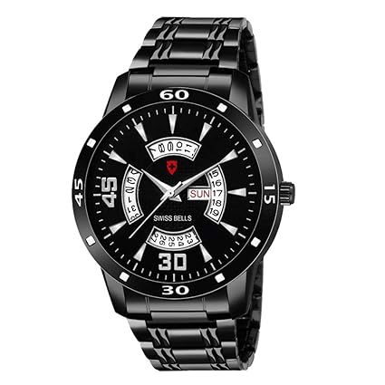 Svviss Bells Enticer MSB-001 Watch for Men - Luxury Sports Casual Quartz Chronograph Calender Day and Date Stainless Steel Band Black Color Stylish Latest Mens Wristwatch