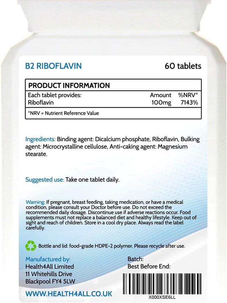 Vitamin B2 Riboflavin 100mg 60 Tablets, Energy, Stress and Migraine Support, Contributes to Reduction of Tiredness & Fatigue - Image 3