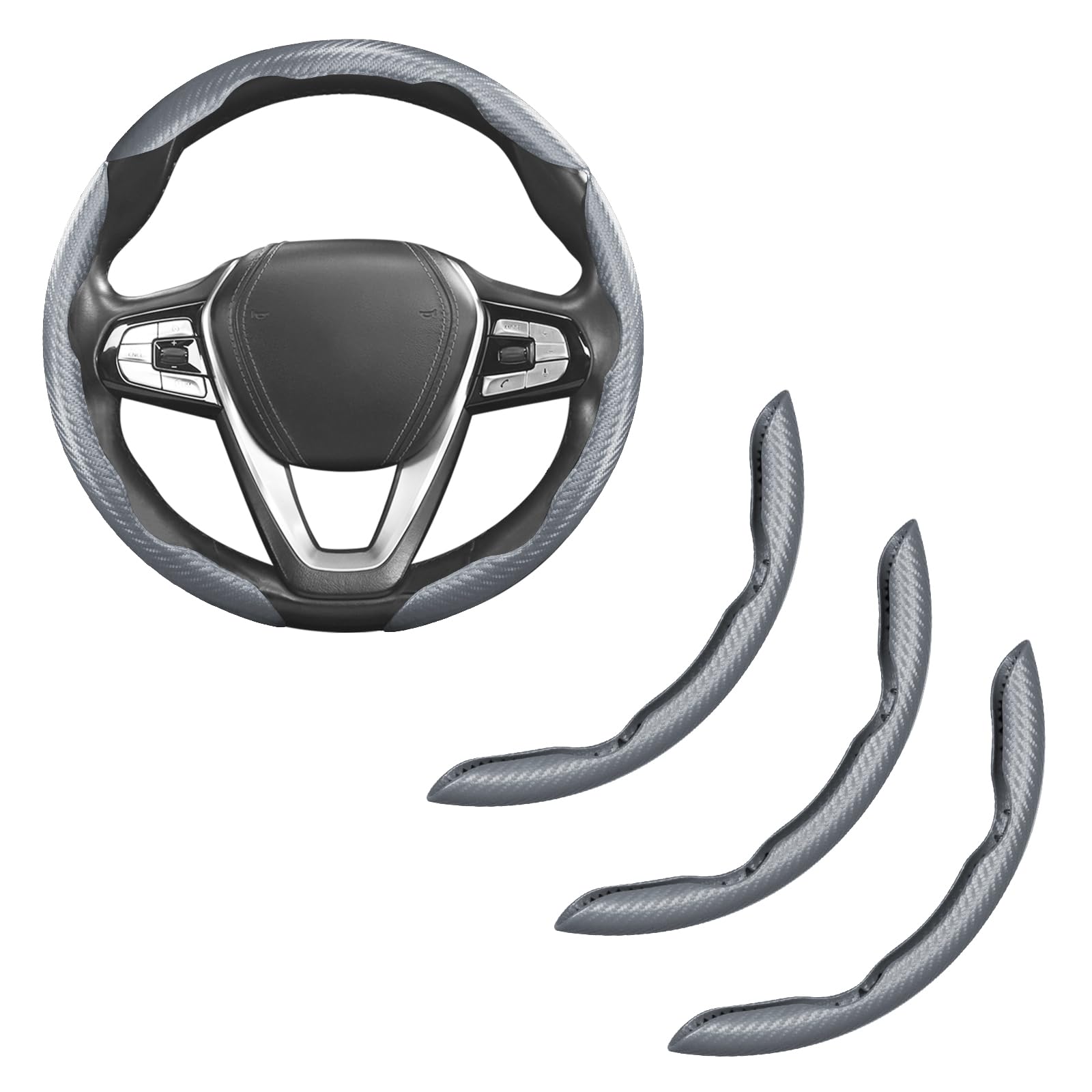 Photo 1 of Carbon Fiber Steering Wheel Cover Anti-Slip Wrap Snap on Car Steering Wheel Accessories Grip 15 inch Universal 3pc Matte Gray