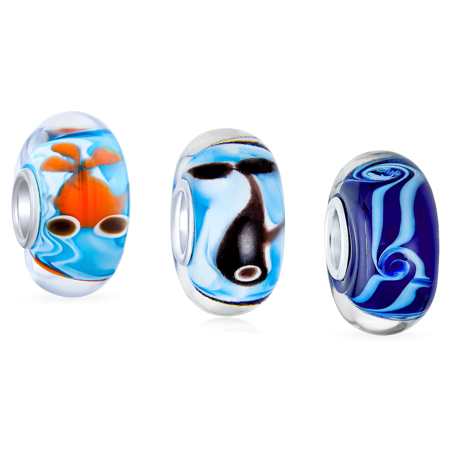 Bling Jewelry Mixed Nautical Set Bundle .925 Sterling Silver Core Translucent Multi Color Murano Glass Gold Fish Whale Waves Charm Bead Spacer Fits European Bracelet For Women Teen