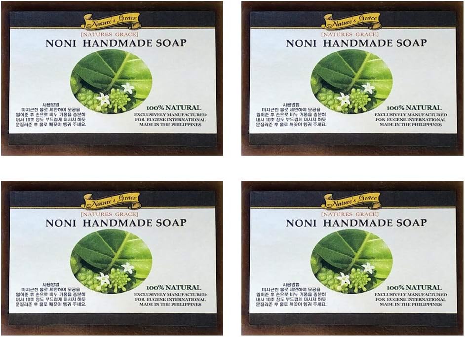 Extra Virgin Organic Philippine Cold Pressed Coconut Oil Noni Calamansi Handmade Natural Face Beauty Hand Body Bar Soap 4.3 Ounce (Pack of 4) for Dry Sensitive Skin … (Noni)Compact by Design (Certified by Amazon)