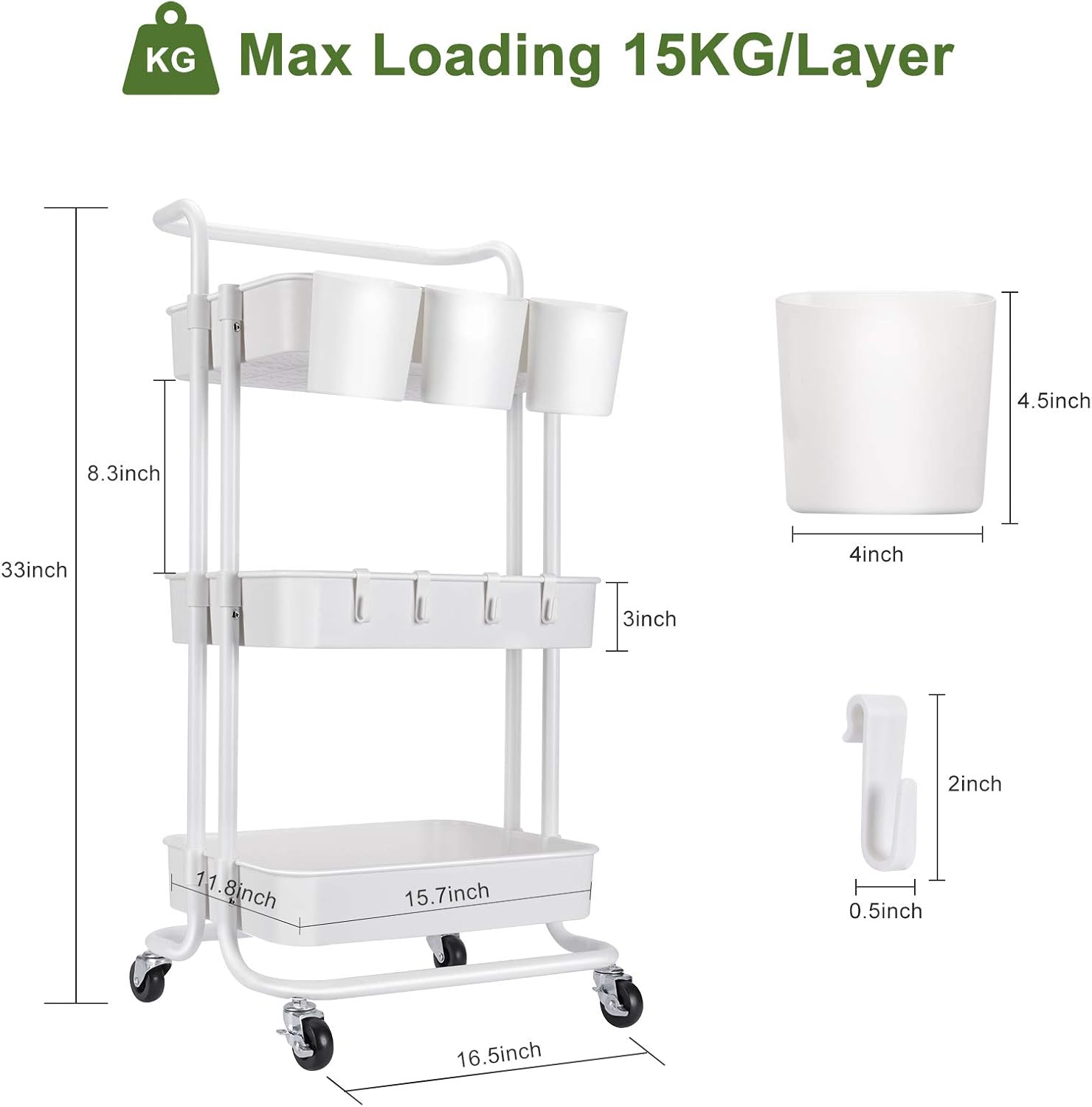 LEHOM 3-Tier Rolling Utility Cart with Hanging Cups & Hooks & Handle, Multifunctional Art Cart Organizer Storage with Wheels, Easy Assembly for Office, Bedroom, Kitchen, Bathroom, Laundry (White) : Office Products