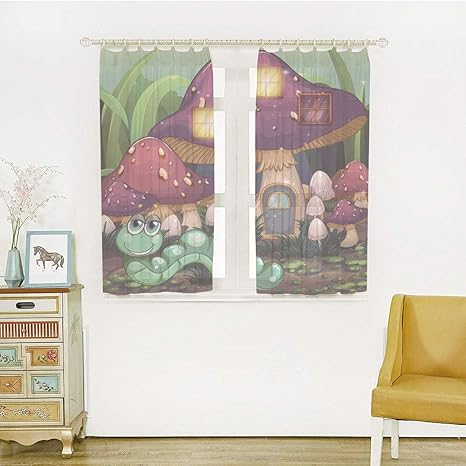 Amazon キノコの装飾 白い透け窓のカーテン レースカーテン 幅100cm 丈108cm 2枚組 半透明感 ポンポン 洗える 省エネ キノコの近くの長い虫のイラスト架空のかわいい小さな生き物のイメージ マルチ カーテン オンライン通販