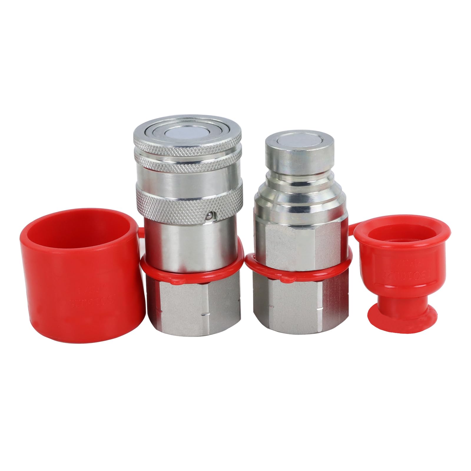 View 1 of 3/4" Skid Steer Flat Face Hydraulic Quick Connect Couplers With Dust Covers - Compatible With Parker FE Series | Safeway FFE49 Series | Faster FFH Series