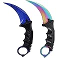 Milaloko Karambit Knife Fixed Blade Tactical Camping Tool, 2 Pieces Stainless Steel Outdoor Hunting Knife with Sheath and Cord, Suitable for Hiking, Adventure, Survival and Collection (Blue&Color)