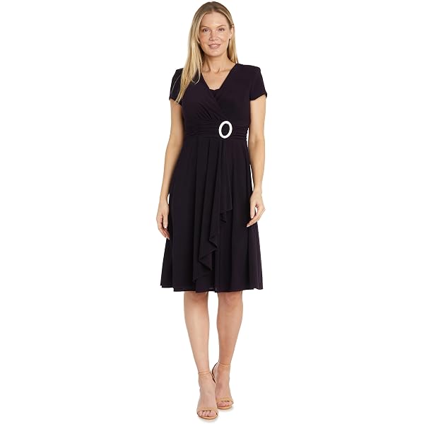 R&M Richards Women's Cascade Wrap Dress with V-Neck & O-Ring Rhinestone  Buckle, Work to Weekend Short Sleeve Flowy Silhouette at Amazon Women's  Clothing store