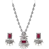 Efulgenz Oxidized Indian Jewelry Necklace Sets Indian Oxidized Jewelry Antique Boho Peacock Chain Pendant Crystal Necklace Set Faux Pearl Drop Jhumka Dangle Earrings Bohemian Statement Jewelry Set for Women