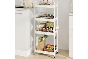 Natwind 4-Tier Metal Rolling Utility Cart,Large Capacity Storage Organizer Cart with Handle and 6 Hooks, Mobile Storage Troll