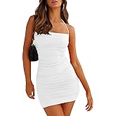 HOCILLE Women's Sexy Halter Bodycon Backless Ruched Spaghetti Strap Mini Club Party Dresses