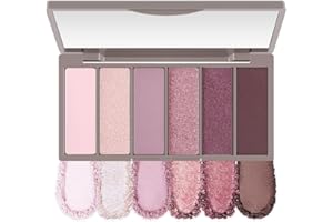 6 Colors Pink Eyeshadow Palette, Nude Pink Plum Mauve Champagne Rose Orchid Wine Red Glitter Shimmer Matte High Pigment Mini 