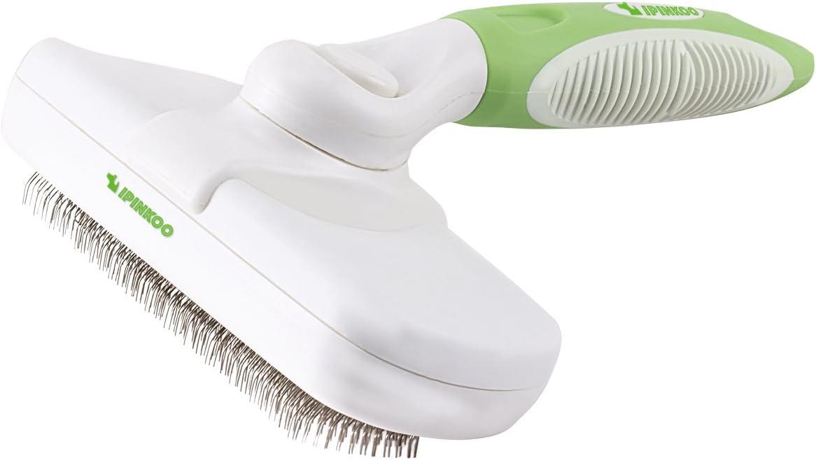 iPinkoo One Button Operation Self Cleaning Slicker Brush - Professional Pet Grooming Tool For Dog & Cat - No Detangling & Deshedding Grooming Brush for Medium and Long Hair Coat