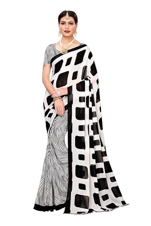 Women's Black Color Georgette Printed Saree With Blouse Piece(MILKY BAR WHITE_Free Size)