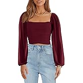 Wenrine Womens Mesh Long Sleeve Crop Tops Night Going Out Square Neck Off The Shoulder Ruched Shirt Blouses Dressy Casual