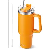 TaroKitc 40 oz Tumbler with Handle | Stainless Steel Insulated Travel Mug with Lids and Straw | Iced Coffee Cup | Keeps Drinks Cold for 34 Hours | Dishwasher Safe, BPA Free | Orange