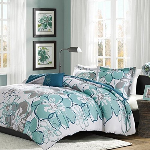 Mi Zone Allison Comforter Set Fun Bedroom Décor - Modern All Season Floral Vibrant Color Cozy Bedding Layer, Matching Sham, Decorative Pillow, Full/Queen, Blue/Grey 4 Piece