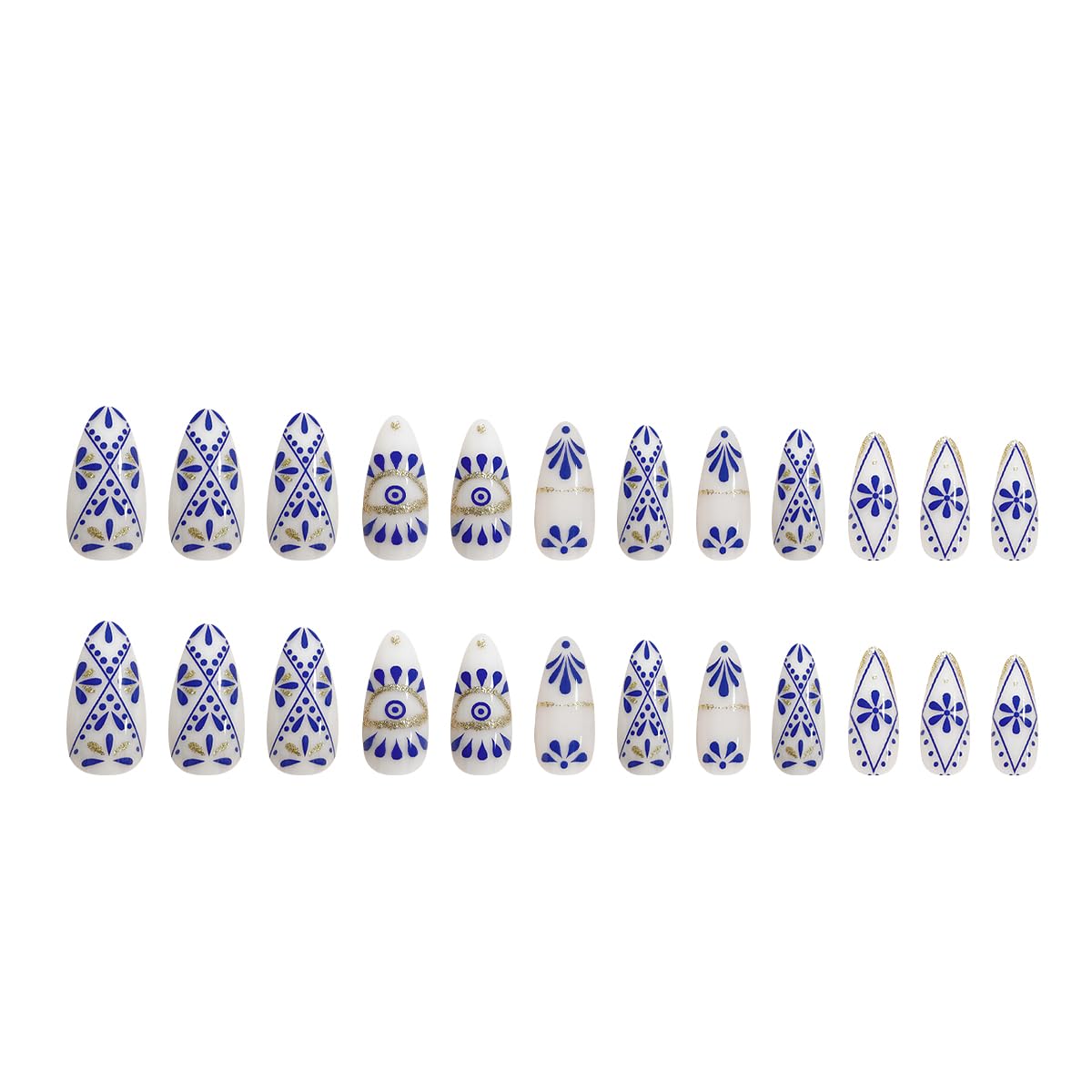 Almond Press on Nails Short Fake Nails with Blue Flower Totem Pattern Designs Almond Nails Press on Acrylic Glue on Nails Sweet Cool False Nails Stick on Nails for Women Gel Fake Nails Kit 24PCS - Image 3