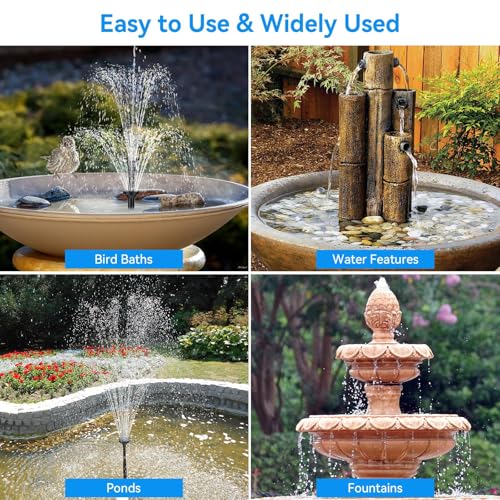 POPOSOAP 6.5W Solar Fountain Pump for Bird Bath Built-in 3000mAh Battery Backup, DIY Solar Water Fountain with Double-Layer Nozzles & Dry-Run Protection 5Ft Tubing for Ponds, Bird Bath, Water Features
