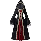 AGCOAH Women Medieval Renaissance Hooded Dress Adult Vintage Lace Trumpet Sleeves Witch Costume Halloween Victorian Cosplay