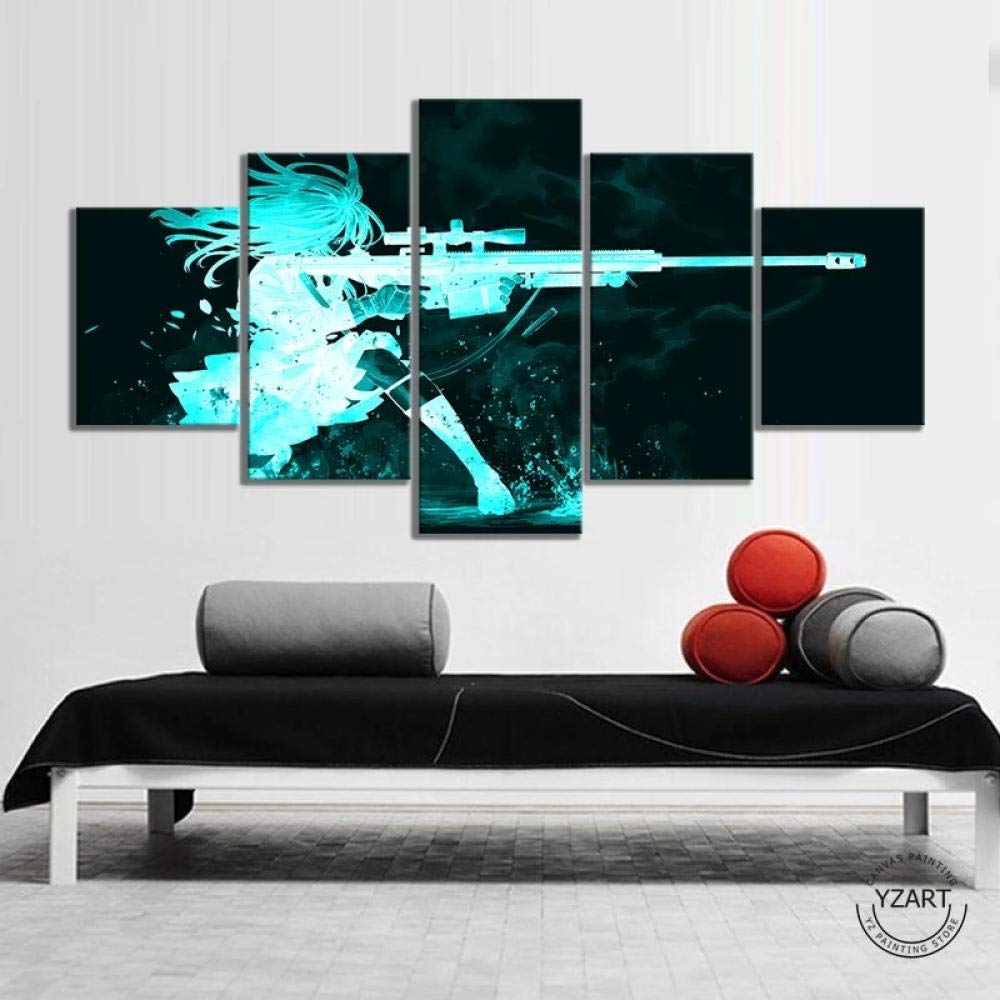 Qihe Arts-5 Pieces Canvas Prints Wall Art Anime Girls&Barrett M82 Picture Poster Print Painting Home