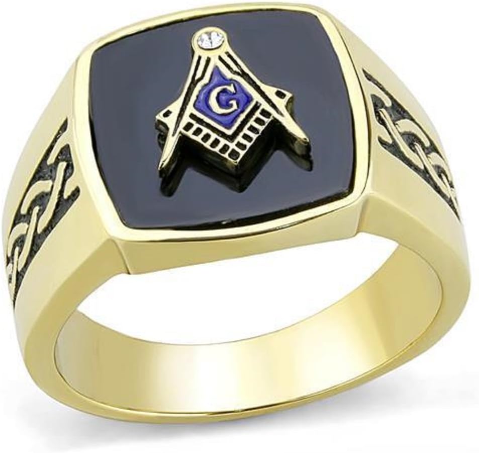 Vip Jewelry Co Men's 14k Gold Plated Stainless Steel Masonic Lodge Freemason Ring Band Size 8-13