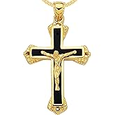 Floreo 14k Yellow Gold 1.4" Layered Black Enamel Jesus Crucifix Cross Charm Pendant with optional Adjustable Chain Necklace