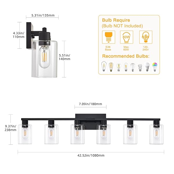 SOPEAS 6-LIGHT BATHROOM VANITY LIGHT BLACK VANITY LIGHTS FOR BATHROOM LIGHT FIXTURES MATTE BLACK 6 LIGHT FIXTURES WITH CLEAR GLASS SHADES FOR BATH OVER MIRROR
