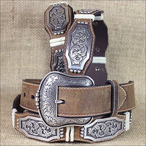 32-46 in M&amp;F WESTERN ARIAT BROWN SCALLOP RAWHIDE CONCHO LEATHER MEN'S BELT COWBOY
