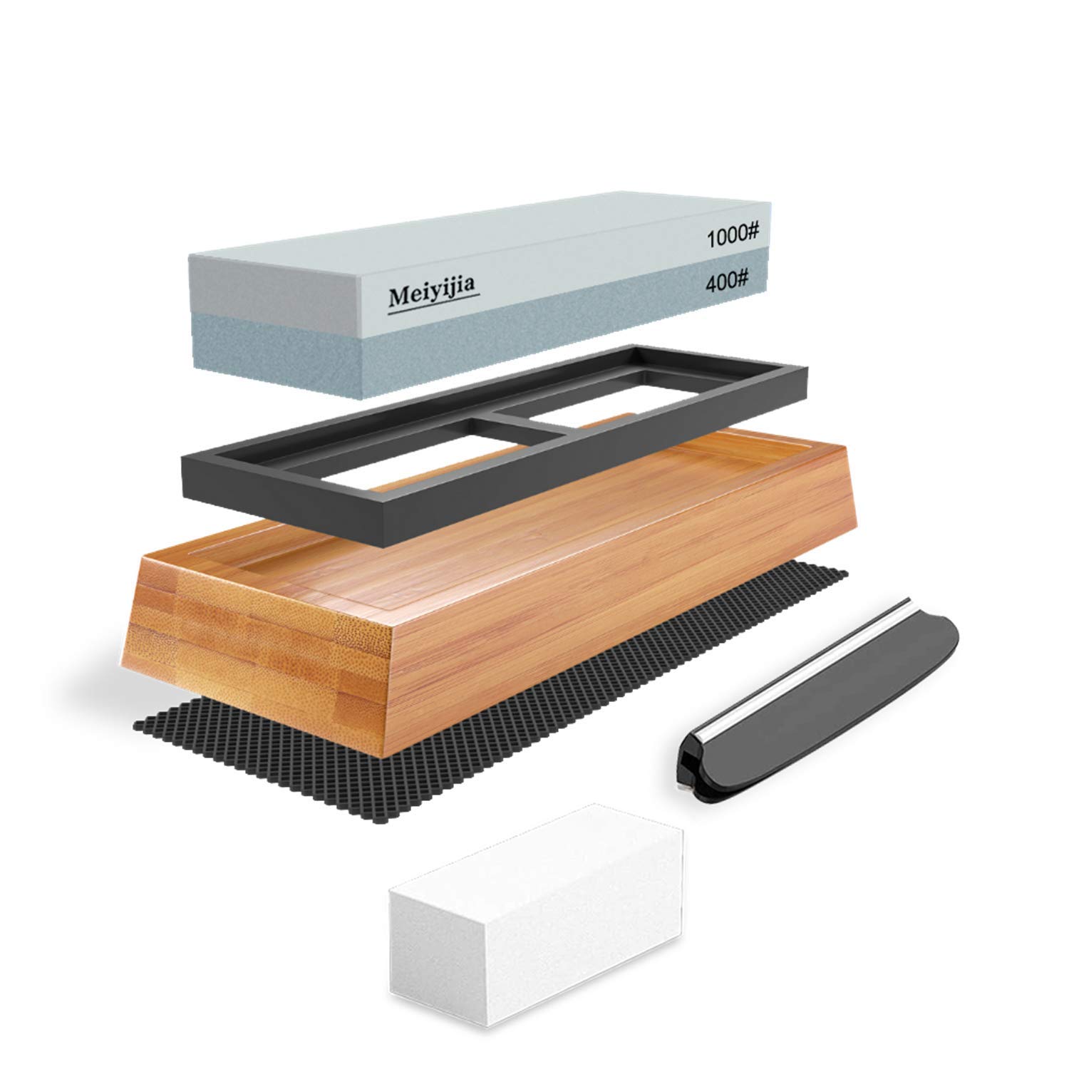 Meiyijia Knife Sharpener, Premium 2-in-1 Whetstone Waterstone, 400/1000 Grit, Non-Slip Bamboo Base, Angle Guide, Flattening Stone