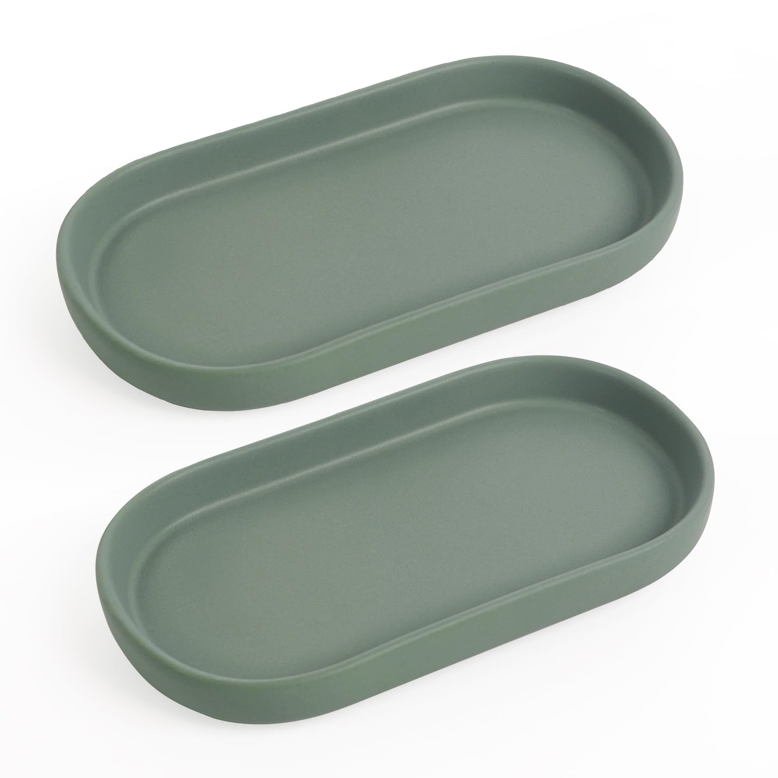 Photo 1 of INGOFIN 7" Ceramic Bathroom Vanity Tray Set- 2 Pcs Bathroom Organizer Countertop Tray for Perfume, Jewelry, Small Kitchen Counter Soap Tray, Decorative for Bathroom Vanity and Toilet Tank, Green