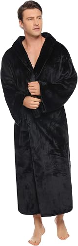 Vlazom Flannel Hooded Bathrobe for Men, Soft Warm Loungewear XXL A-black view 3