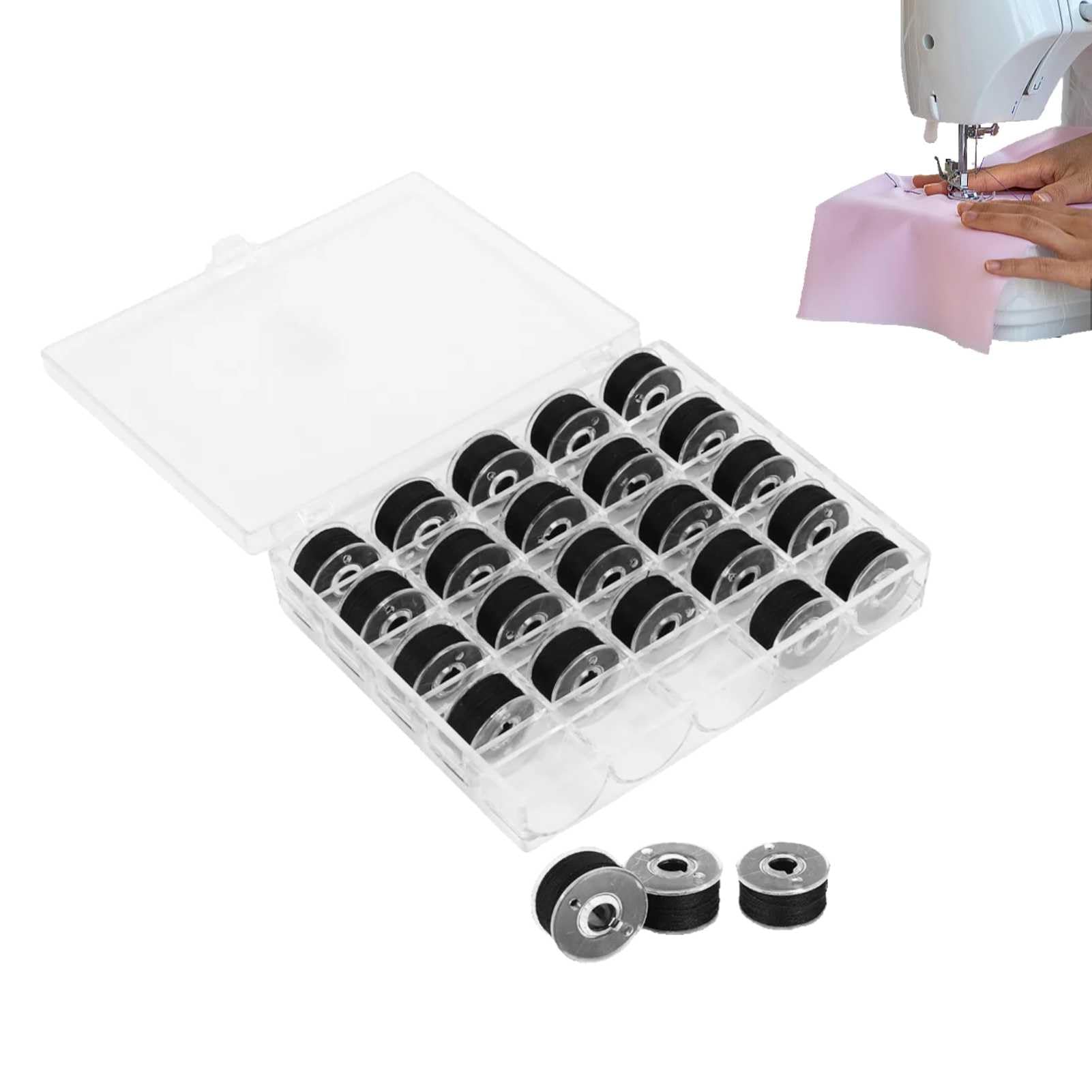 HERCHR Sewing Thread Black,25Pcs Bobbins for Sewing Machine,Sewing Machine Bobbin Threads with Storage Case Box,Pre-Wound Bobbins Set Black Bobbin Thread Embroidery Thread
