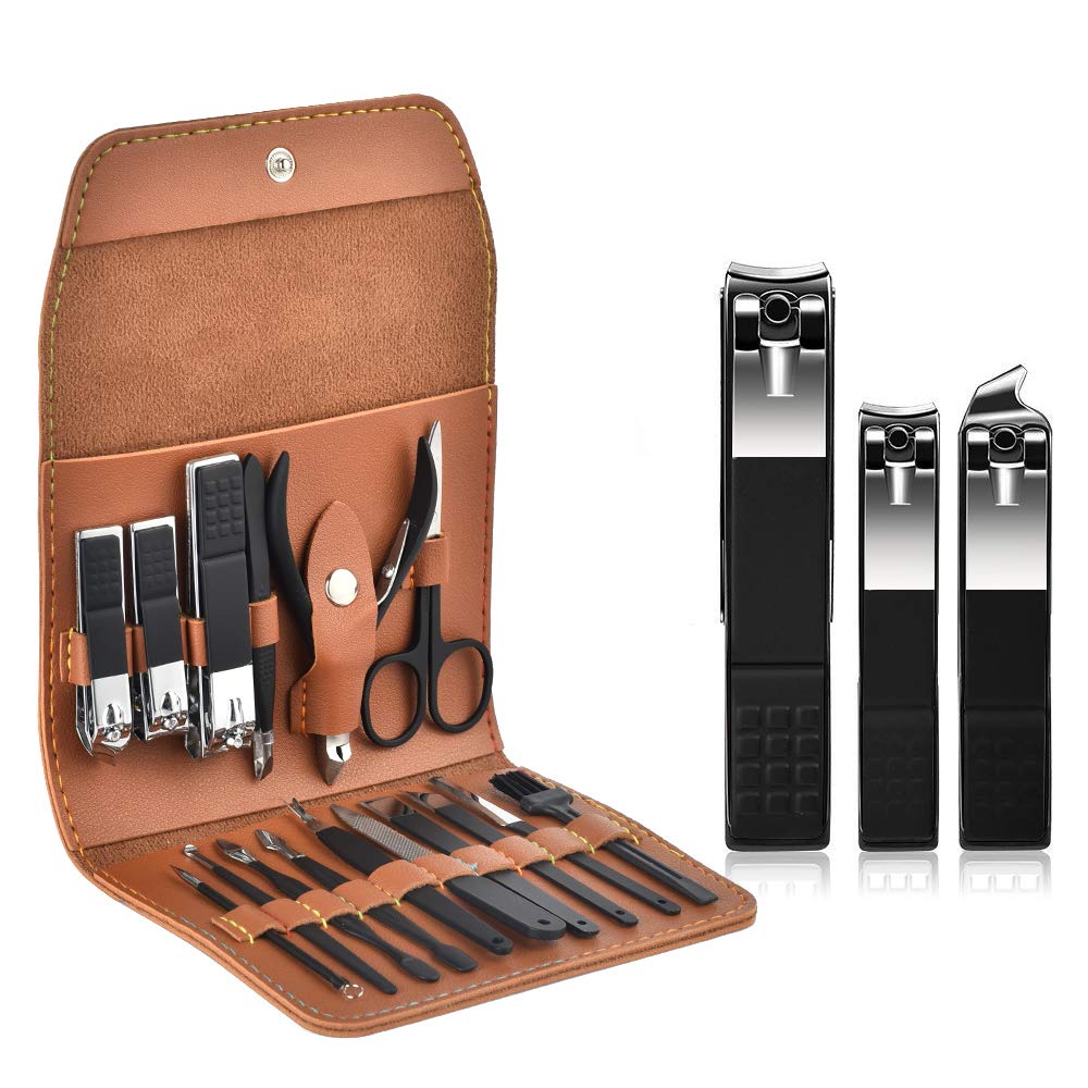 Nail Clippers Set Manicure Pedicure Kit - PWING 16 in 1 Black Manicure Set Professional Pedicure Nail Trimmer Tools, Portable Manicure Grooming Set with Brown Leather Case : Beauty
