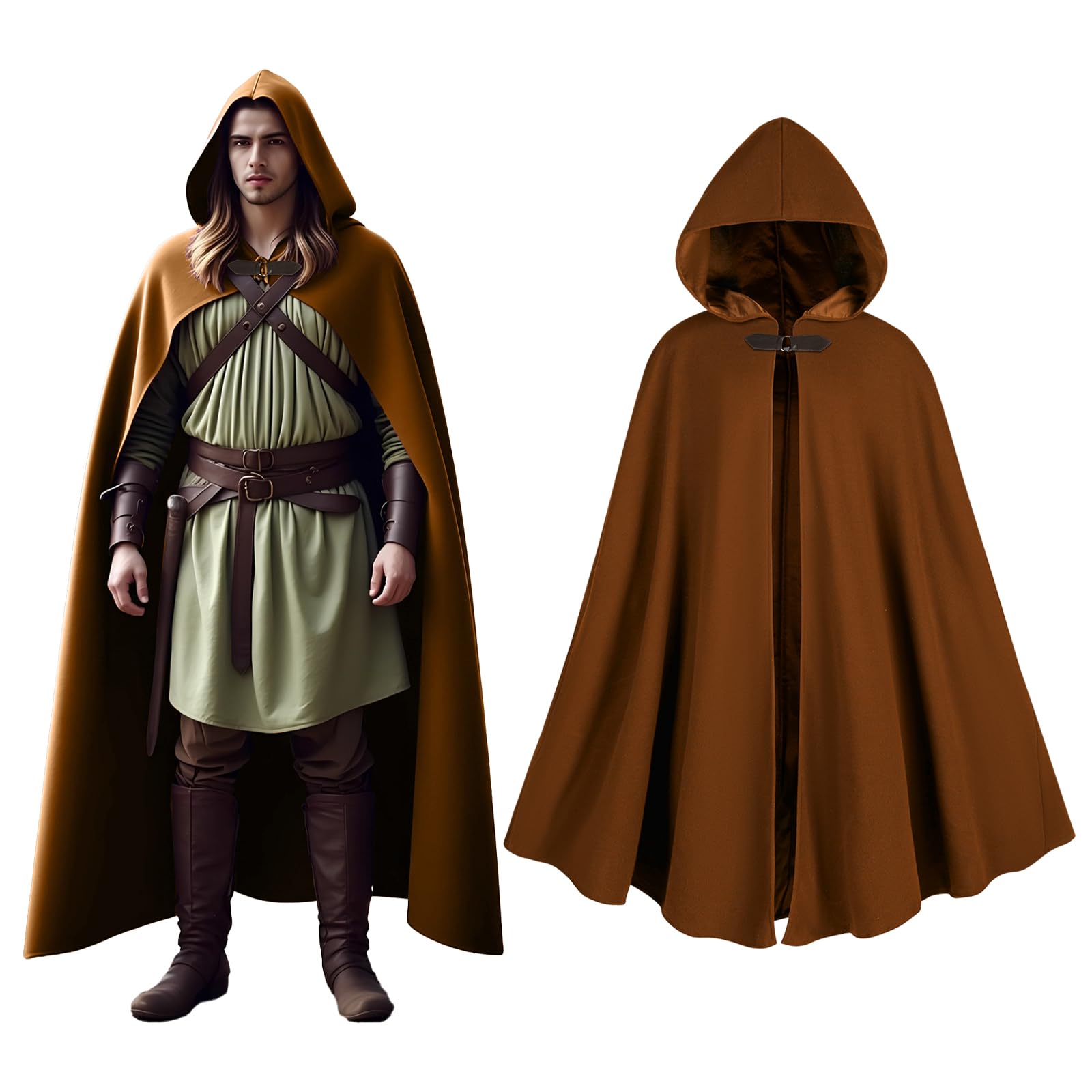 CNVAUIE Renaissance Snapback Hooded Coat Medieval Costumes Men's Witch Halloween Costumes Hooded Coat (Brown) — image 1