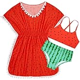 Goodstoworld 7-12Y Girls 3 Piece Cover Up Swimsuit Hawaiian Bikini Bathing Suit with Pompom Tassel