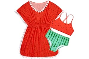 Goodstoworld 7-12Y Girls 3 Piece Cover Up Swimsuit Hawaiian Bikini Bathing Suit with Pompom Tassel