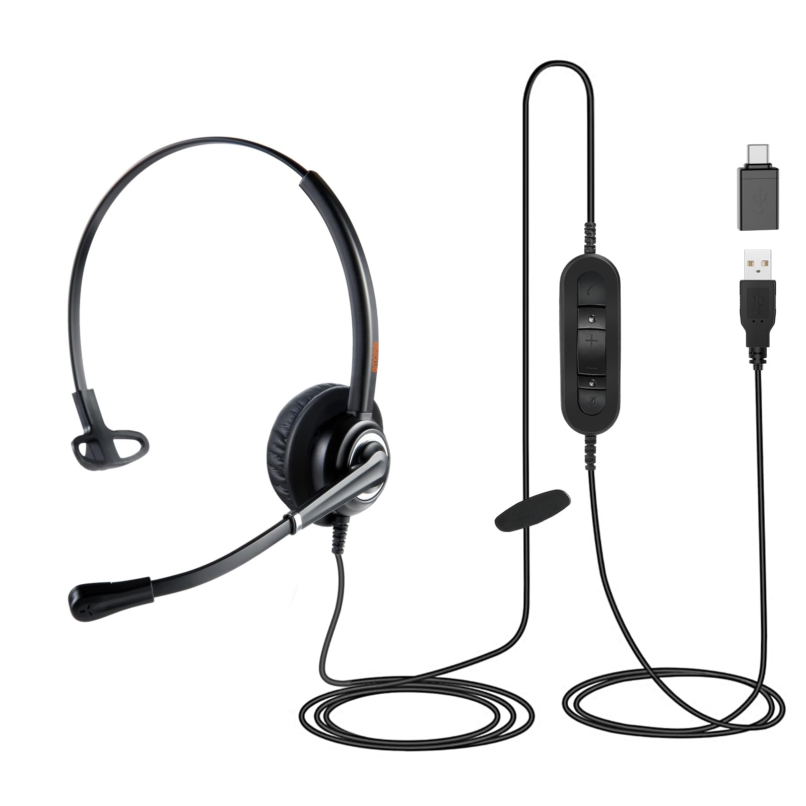 EMAIKER One Ear Office USB PC Headset with Mic for Work, Lightweight USB Headphone with Noise Cancelling Microphone for Laptop Computer for Dragon Dictation, Teams, Zoom Conference, Jabber Softphone