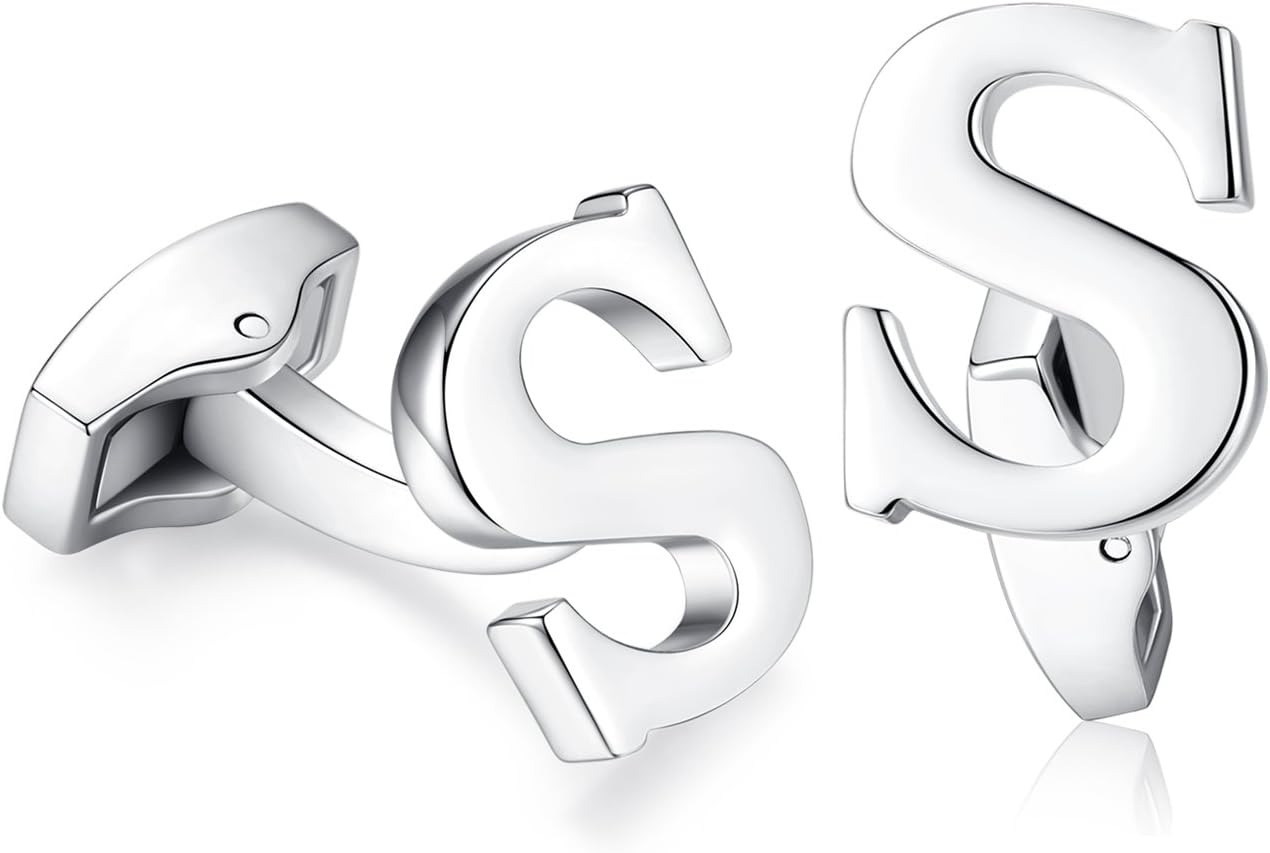 HananaMens Initial Alphabet Letter Cufflinks for Wedding Marriage Gift Silver