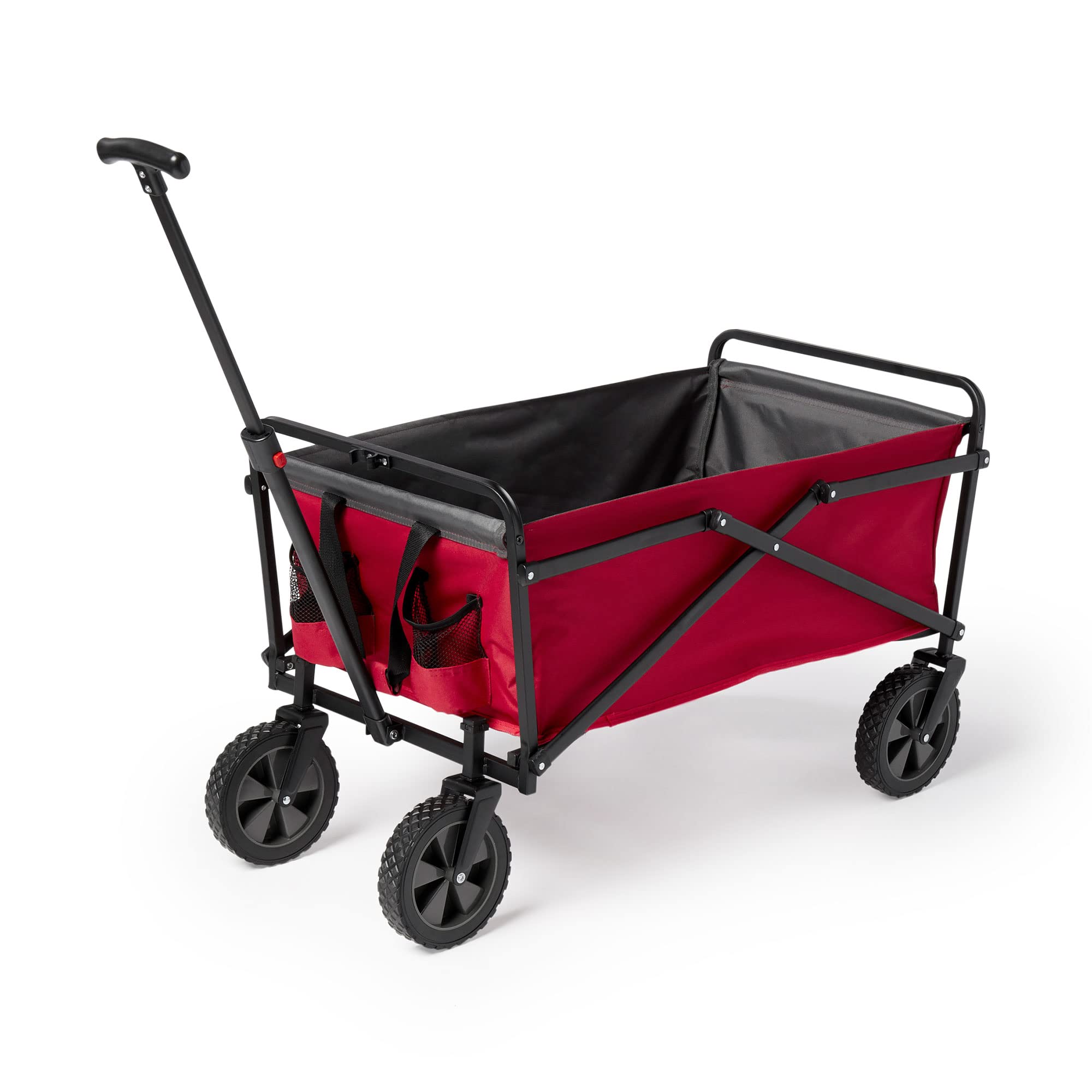 Photo 1 of (missing 1 front wheel) Seina Heavy Duty Steel Compact Collapsible Folding Outdoor Portable Utility Cart Wagon w/All Terrain Rubber Wheels and 150 Pound Capacity, Red/Gray, Large