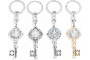 WHLHMK 4Pcs Saint Benedict Medal Keychain, St Benedict Medals Key Chain, Saint Benedict Jubilee Medal, Cross Protection Key Shaped Keychain, Exorcism Medal Christian Sacramental Medal Keyring