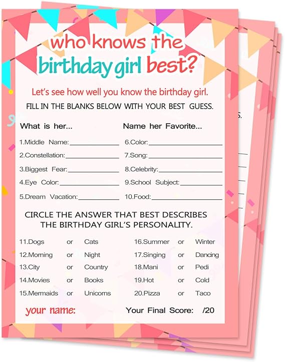 Paper Party Supplies Printable Girl Birthday Game Pink Camo Party Game How Well Do We Know The Birthday Girl Instant Download Girl Birthday Party Game Party Favors Games