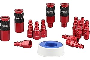 YOTOO 15 Pieces Universal Air Coupler and Plug Kit, Quick Connect Air Hose Fittings, Heavy Duty Aluminum Air Fittings, Lightweight, Push to Connect air tools and air compressor, Red