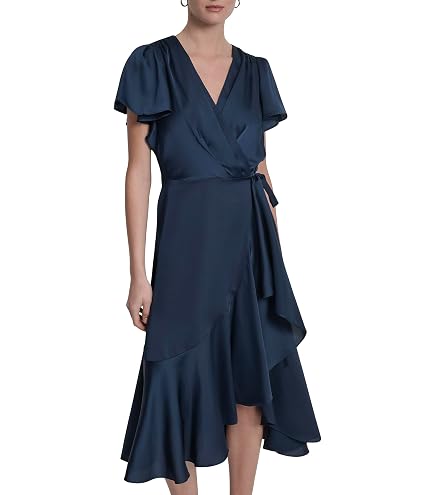 asymmetrical faux wrap dress DKNY Women's Flutter Sleeve Fuax Dress, Cream Multi, 16 at Amazon Women's Clothing store Size:petite 1- 3Y formal evening Zimmermann Ottie Bias Backless this bright pink gown