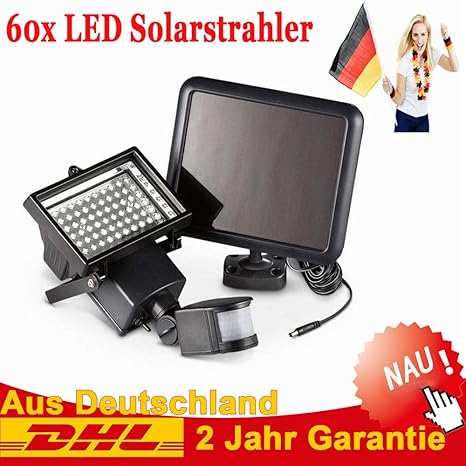 60 LED Solarleuchte Solarlampe AuBen Leuchte Solarstrahler Bewegungsmelder Sensorlicht Wandleuchte, Energiesparende Wasserdic