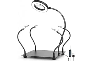 NZQXJXZ Helping Hands Soldering Station with 3X Magnifying Glass and Light, Soldering Holder Metal Circuit Board Holder 4 Flexible Metal Arms Magnetic Helping Hand for Soldering, Assembly, Repair