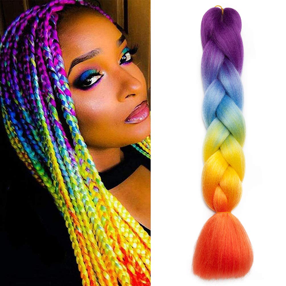 Colorful Jumbo Braiding Hair Extensions 4 Tone 1pc Ombre Synthetic Braid Hair Extension 24 inches Purple to Blue to Yellow to Orange