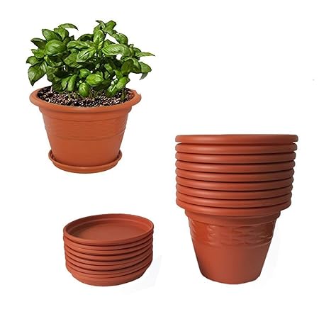 Asfa Deals Plastic Round Planter Pot 10 inch with Bottom Tray (Pack of 6) Colour - Terracotta