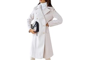 WIWIQS Lady Casual Solid Color Long Sleeve Pea Coat Fashion Business Overcoat Lapel Collar Double Breasted Trench Coat