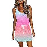 Womens Summer Trendy Striped Dresses Sleeveless Halter Strap Mini Dress with Pockets