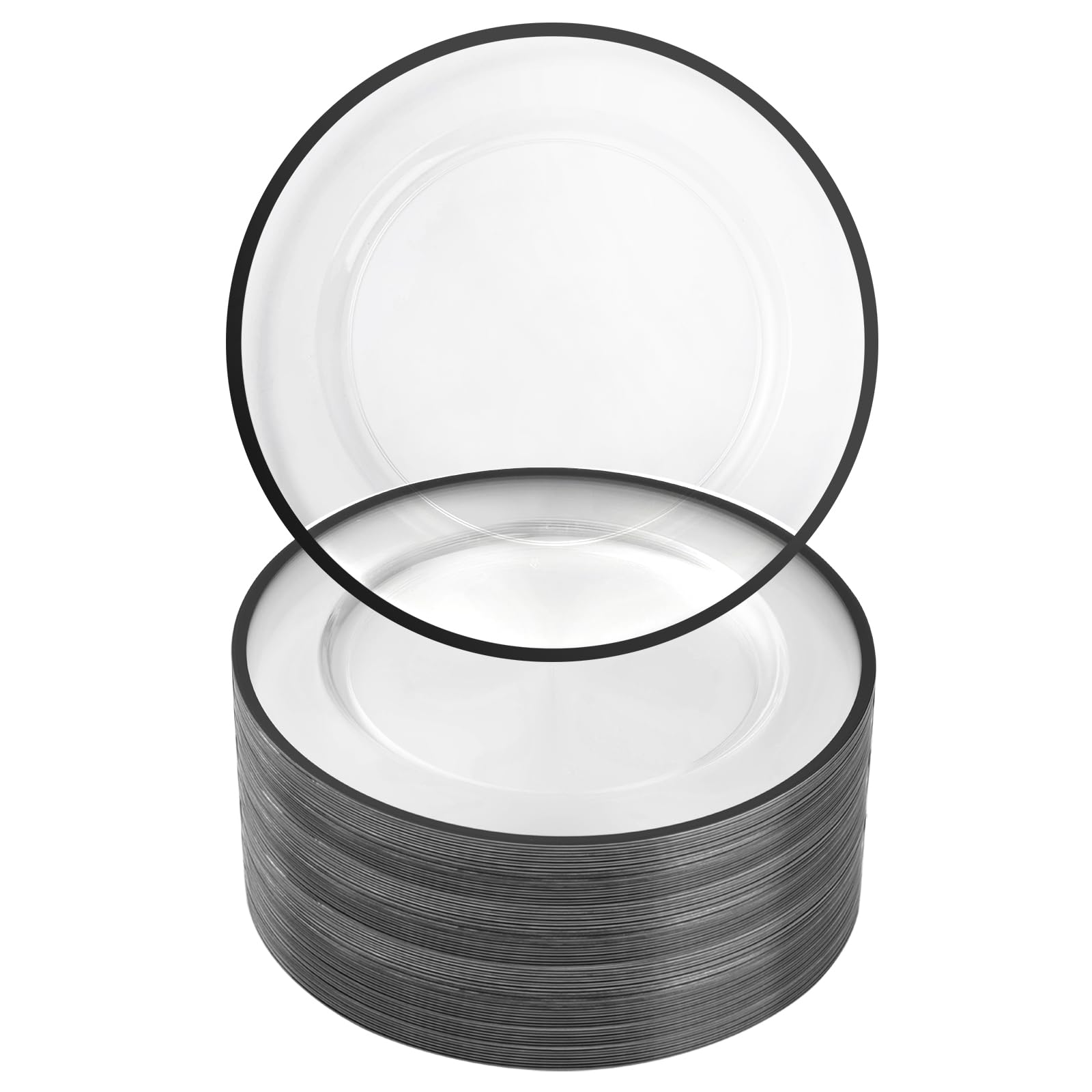 Photo 1 of Goodluck 12 Inch Disposable Charger Plates Plastic, 100 Pack Plastic Clear Charger with Black Rim for Dinner, Wedding, Party