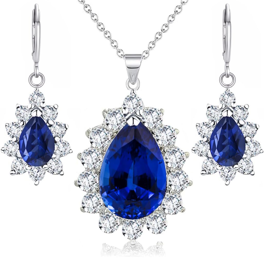 Crystalline Azuria Women 18ct White Gold Plated Teardrops Blue Simulated Sapphire Zirconia Crystals Set Pendant Necklace 17.7 inches Earrings